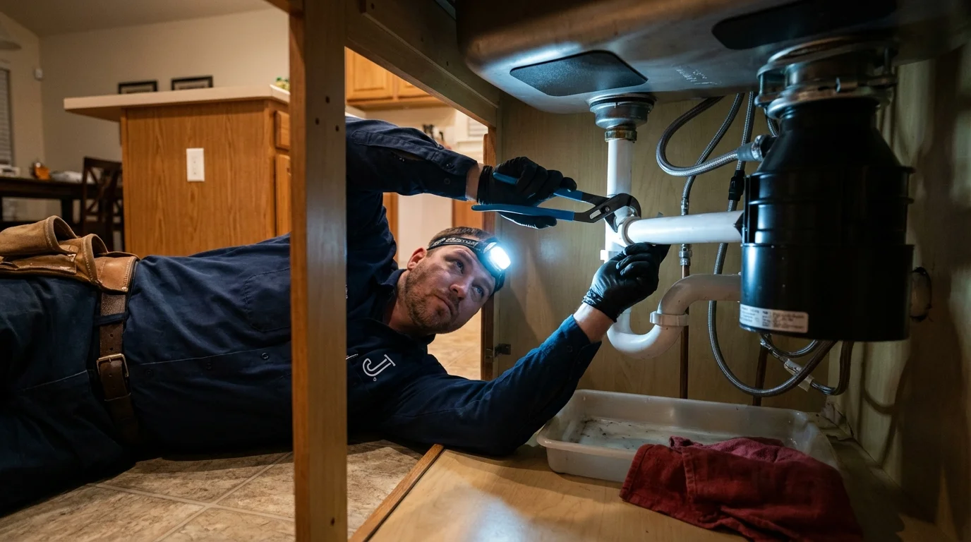 P-trap and supply line connections under a kitchen sink showing a common leak point in Mount Pleasant, TX